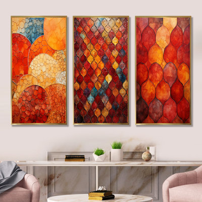 Elegance Orange And Yellow Moroccan Tiles I - Boho Mosaic Canvas Art Print Set Of 3