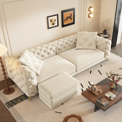97.7" King-Size Pull-Out Sleeper Sofa Deep Seat Convertible Sofa Bed 4-Seater Chesterfield Couch With Movable Ottoman by House of Hampton