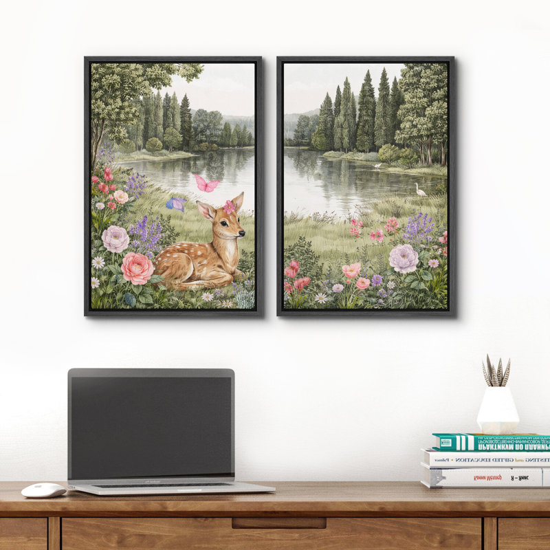 «Peaceful Forest Lake with Deer Butterflies and Wildflowers», reproduction d'art sur toile encadrée 2 pièces, Noir