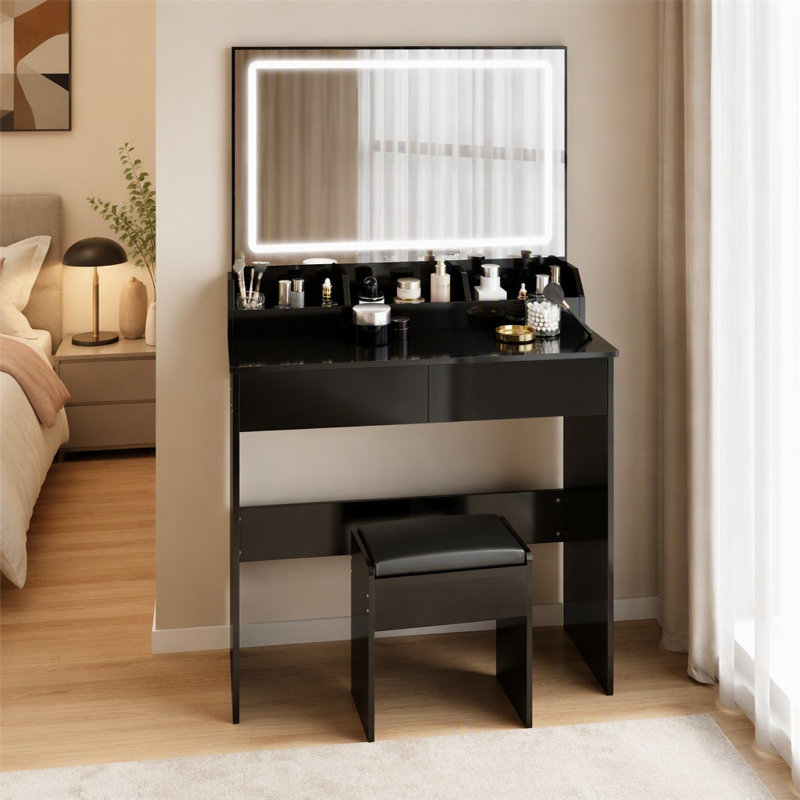 Ensemble de coiffeuse compacte 31,6 po x 20 po et tabouret rembourré, grand miroir DEL tactile à intensité variable (3 couleurs), grand espace de rangement pour les petits espaces