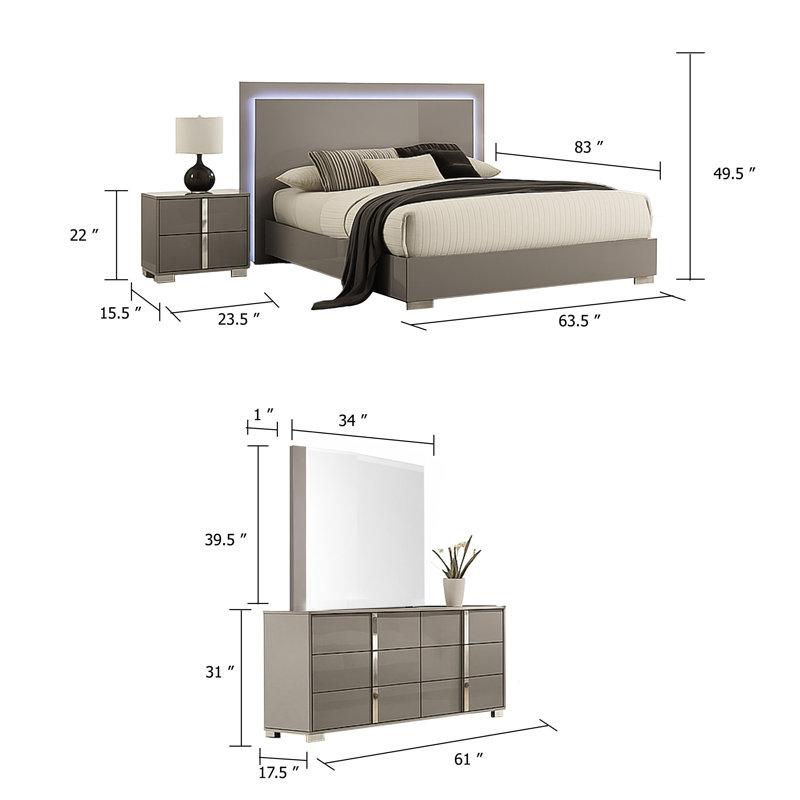 Ensemble de chambre à coucher pour grand lit complet 4 pièces Suni, gris taupe clair Suni