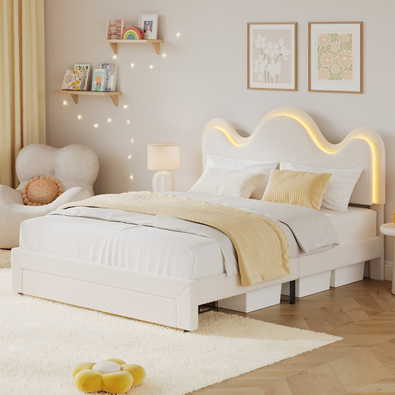 Queen Size RGB LED Light Upholstered Platform Bed Frame with App/Remote Control, Adjustable Headboard & Under-Bed Storage Drawer, Wooden Slats, Noise-Free, No Box Spring Needed, Easy Assembly - White