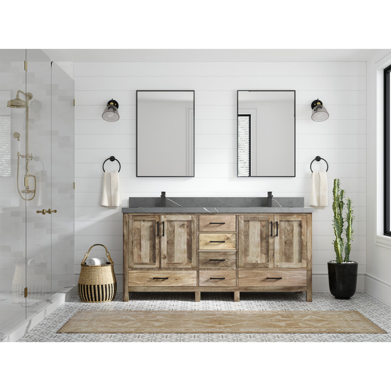 Malibu Natural Mango Double Sink Bathroom Vanity with Piatra Gray Countertop