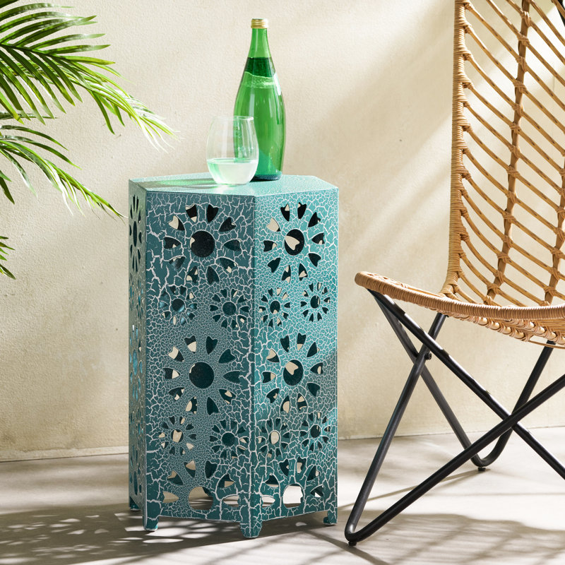 Table d'appoint en fer bleu sarcelle de 14 po - Motif de patio, Bleu sarcelle
