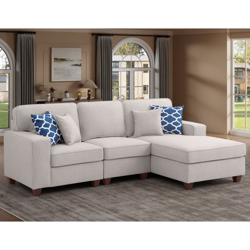 Canapé modulaire rembourré faisant face à la droite de 94 po avec 4 coussins décoratifs Plessis, Lin gris pâle