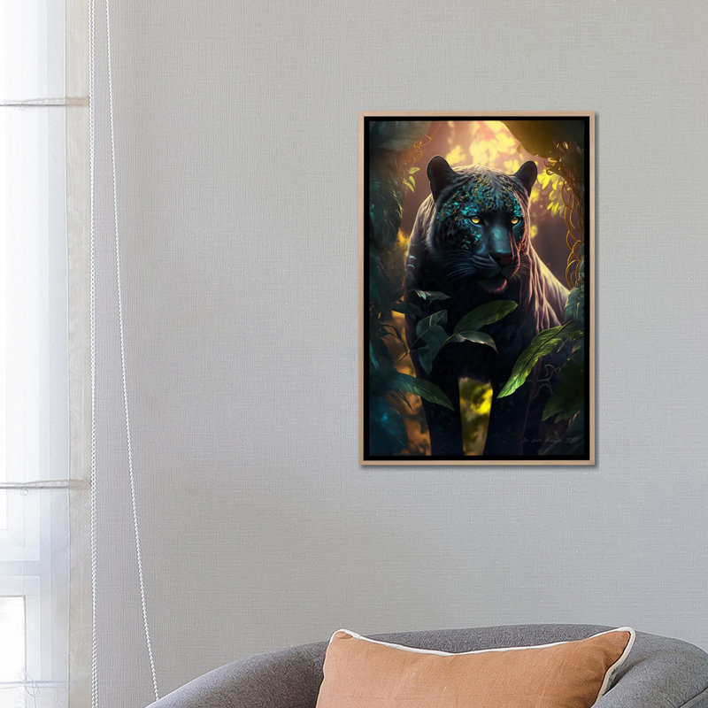 Afrofuturiste esprit animal panthère noire I, Cadre flottant en bois naturel, H 26 po x l 18 po
