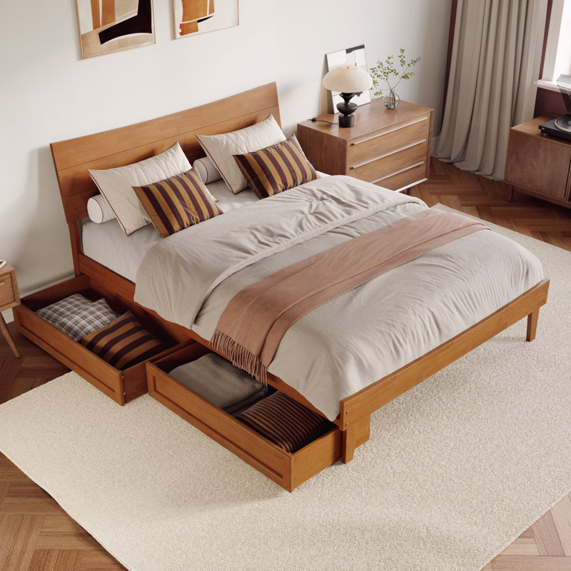 Phoenix Wood Platform Bed with Storage Drawers, Queen, Caramel clair
