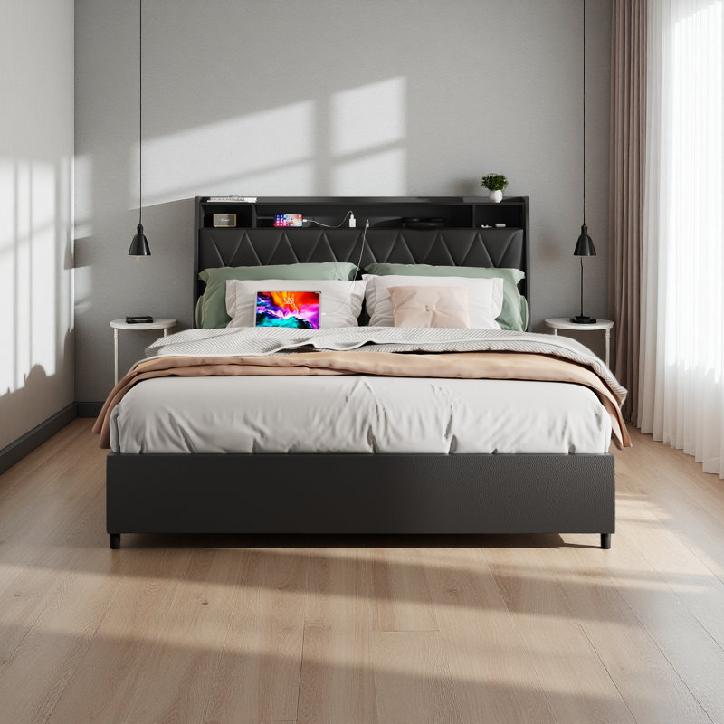 Cadre de lit avec tête de lit ergonomique, cadre de lit plateforme avec prises et chargeur, cadre de lit avec tablette de rangement, cadre de lit, silencieux, aucun sommier nécessaire