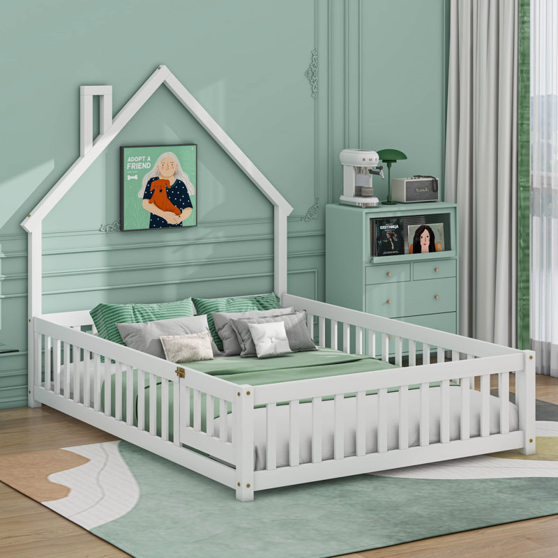 Lit avec clôture et porte, tête de lit en forme de maison, Double, Blanc