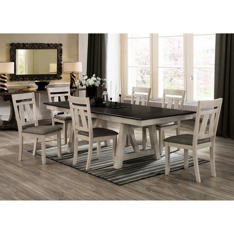 Table de salle à manger à finition gris craie avec base à tréteaux et feuilles de style campagnard à rallonge
