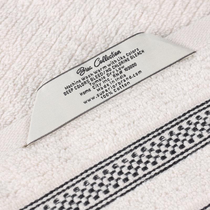Hershal Zero Twist Cotton Ribbed Modern Geometric Border Soft 3 Piece Bathroom Towel Set, Stone