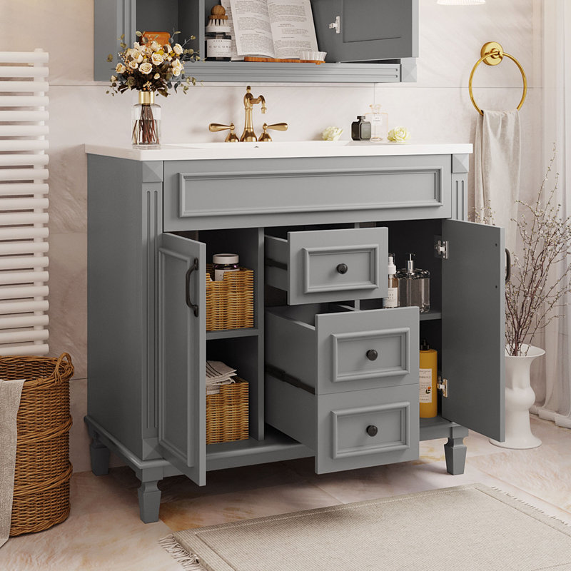 Meuble-lavabo simple 35,9 po avec lavabo supérieur et portes et tiroirs à fermeture douce, Gris