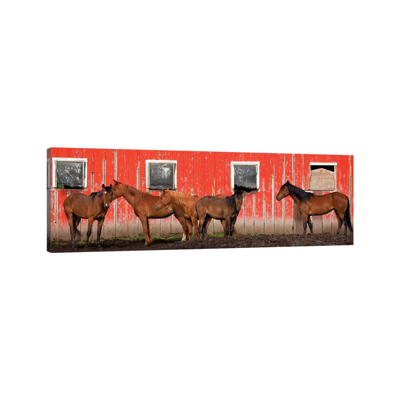 USA, Washington State, Palouse. Panoramic Of Horses Next To Red Barn. by Jaynes Gallery - Wrapped Canvas Panoramic Gallery-Wrapped Canvas Giclée