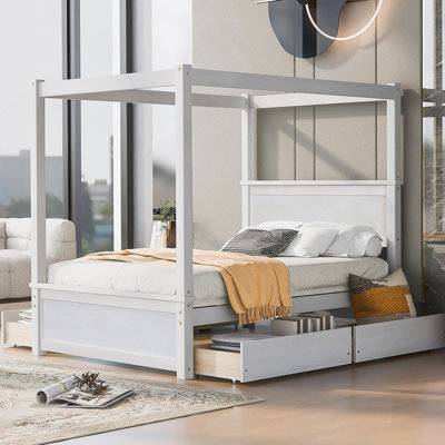 Wood Canopy Bed with Four Drawers ,Full Size Canopy Platform Bed with Support Slats