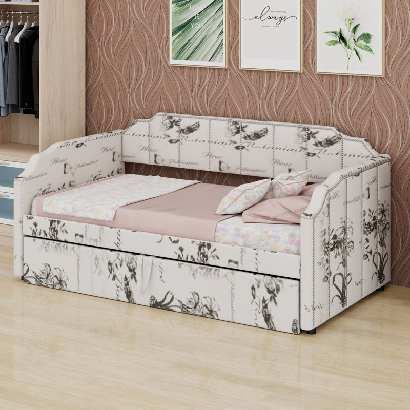 Upholstered Daybed with Pop-Up Trundle, White Tossed Botanical