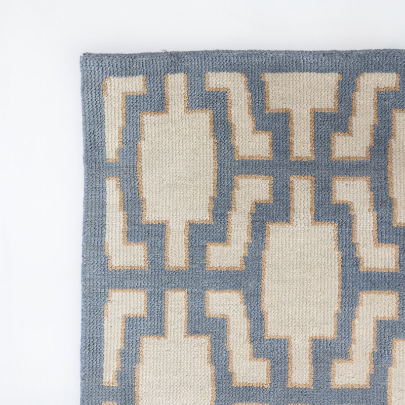 Della Hand Knotted Wool Geometric Area Rug, Blue, Rectangle 9' x 12'