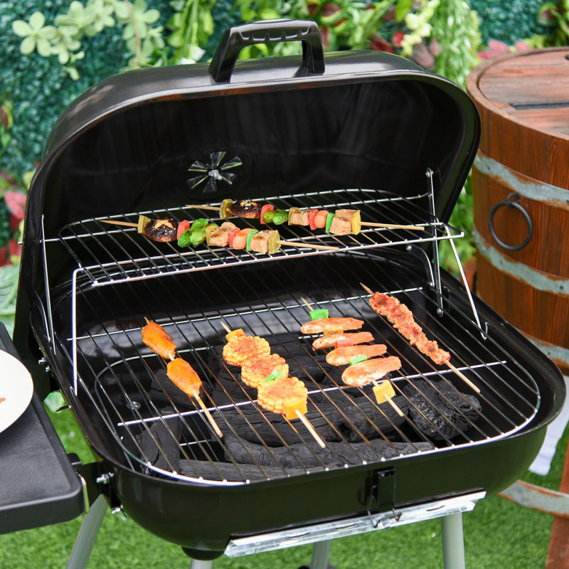 Barbecue portatif au charbon avec roulettes et tablette inférieure