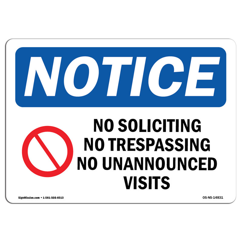 Panneau en plastique 10 pi x 7 po «No Soliciting No Trespassing»