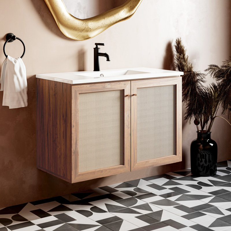 Meuble-lavabo mural en chêne classe 36, Trou simple, Lavabo blanc