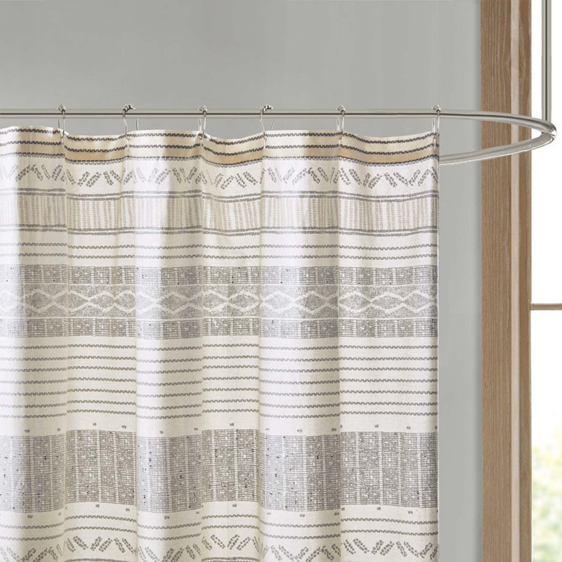 Gray and Yellow Cotton Striped Shower Curtain with Tassels