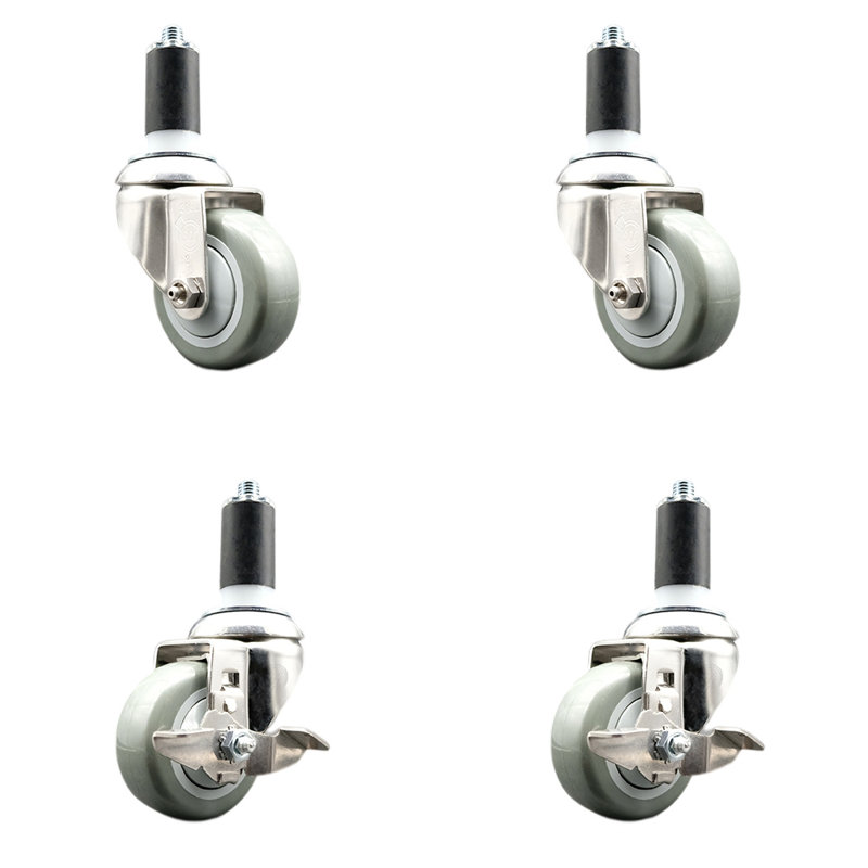 Ensemble de roulettes extensibles en poly pivotant avec 2 freins, gris, H 3 po x l 3 po