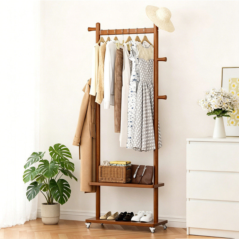 Taitiy Wood Heavy Duty Clothes Rack – Professional Rolling Hall Tree With Lockable Wheels, 2 Storage Shelves For Shoes/Bags, And 5 Hat & Coat Hooks.