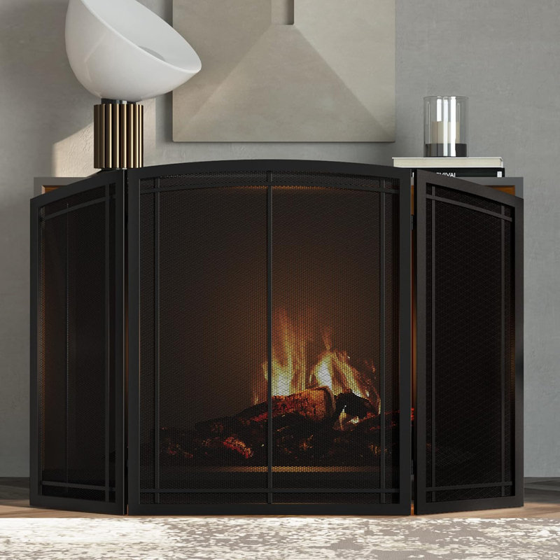 Pare-étincelles 3 panneaux en fer forgé noir L 48 po x H 30 po (moderne)