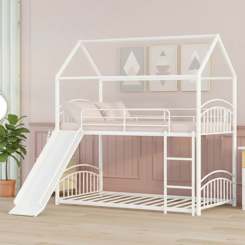 Twin Over Twin Metal Bunk Bed, Convertible Into Two Separate Small Beds, White