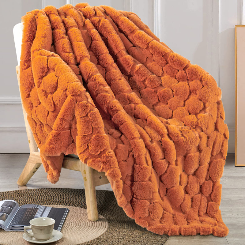 Cloud Carved Faux Fur Throw Blanket, Burnt Orange, 50" W x 60" L