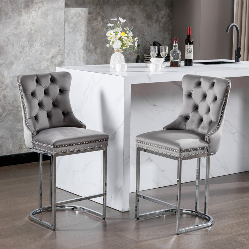 26 Inch Counter Height Bar Stools Set Of 2, Modern Velvet Upholstered With Button Back And Rivet Trim, Sturdy Chromed Metal Base For Kitchen And Home Bar