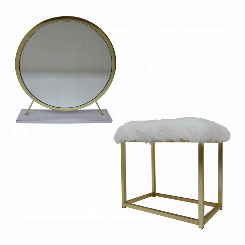 Adao Vanity Mirror & Stool, White/Brass