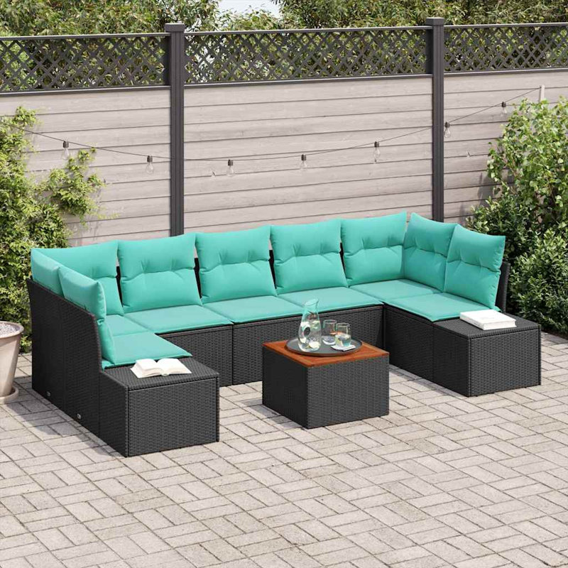 Ensemble de canapé de jardin vidaXL 8 pièces en rotin de polyester noir et turquoise