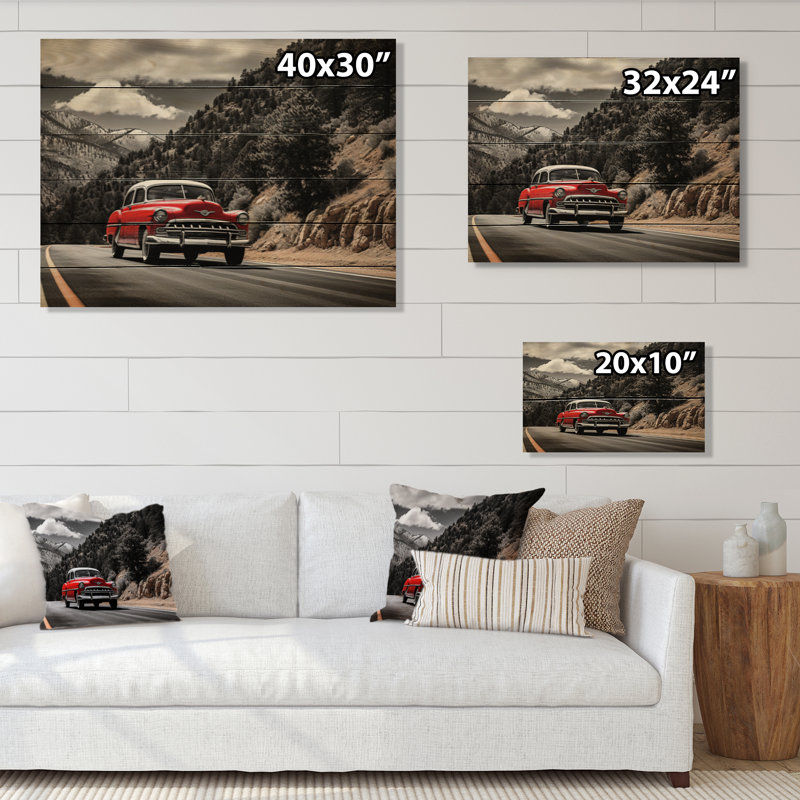 Voiture rétro rouge, impression rétro sur bois, H 10 po x l 20 po x P 0,78 po