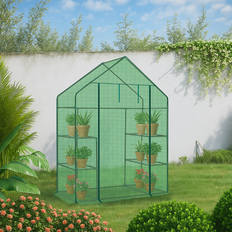 Metal-Framed PE-Covered Mini Walk-In Greenhouse With 4 Shelves, Green, 28.74"