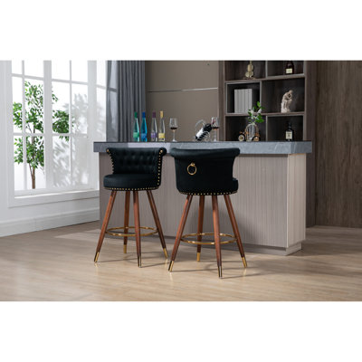 Tabourets de bar pivotants avec repose-pieds, hauteur fixe à 360 degrés, bois massif, coussin de siège en mousse, revêtement de style rétro, siège de 27,74 po, fabrication en bois noir, tissu, structure confortable, noir, 36,14 po
