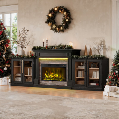107" Tv Stand With Electric Fireplace, Multi-Color Flame, 2 Glass Door Cabinets & Mantel
