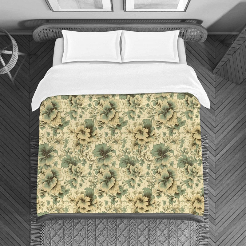 Housse de couette , Housse de couette pour grand lit, Floral beige / vert