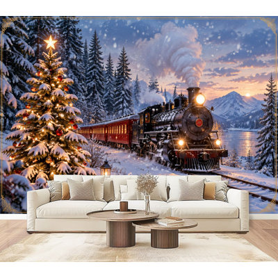 Papier peint mural autocollant vintage représentant un train de Noël enneigé, décoration murale moderne pour chambre ou salon, 175 cm x 244 cm