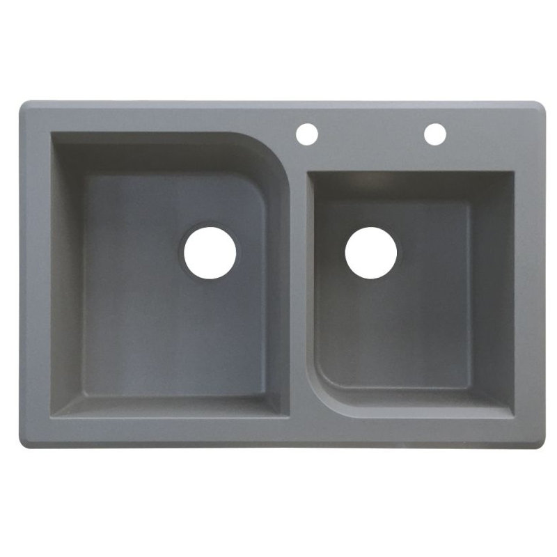 Radius 33.0625'' L Double Bowl Granite Kitchen Sink, Gray, 2 hole