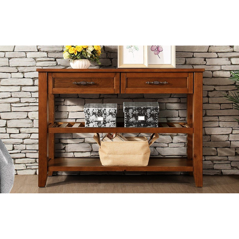 Buffet Mid-Century en bois massif brun avec 2 tiroirs et tablettes de rangement, idéal pour le salon, le hall d'entrée, la console de 42 po et le bureau de la chambre à coucher