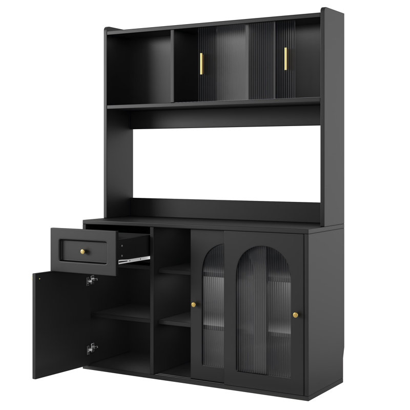 Kitchen Cabinet With Led, 5 Doors And 1 Drawer White, Black