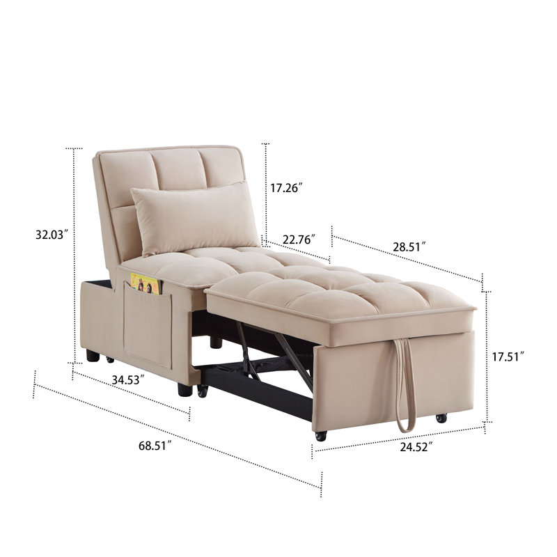 Modren Velvet Upholstered Convertible Futon Chair with Side Storage Pockets, Taupe Velvet