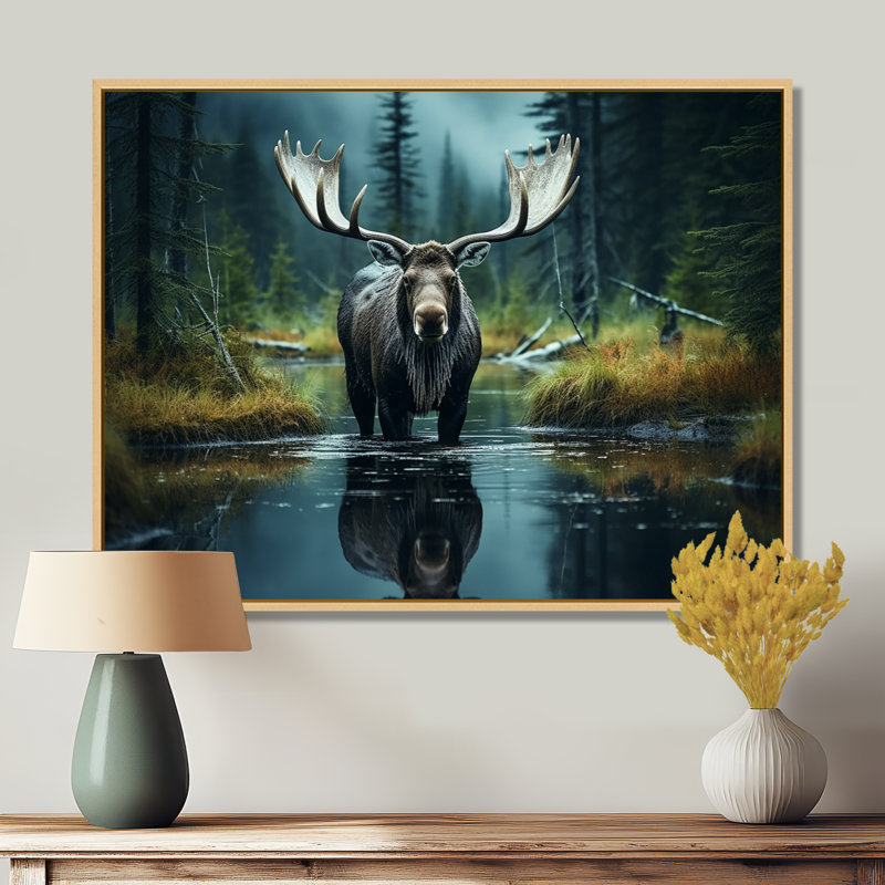 Green Moose Forest Dusk Framed On Canvas Print, 12" H x 20" W x 1" D, Maple Floater Framed