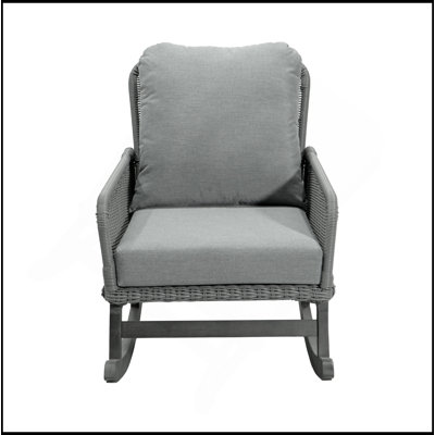 Chaise berçante contemporaine en osier gris minimaliste avec coussins en polyester doux et structure en bois durable, parfaite pour les espaces intérieurs et extérieurs comme le patio, le balcon ou le salon