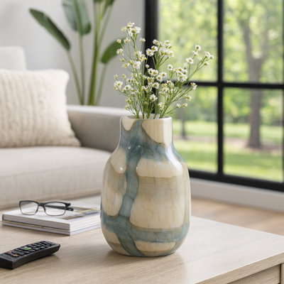Grand vase moderne en verre marbré pour décoration de table - Élégant vase décoratif en forme de tourbillon pour salon et console - bleu et brun clair