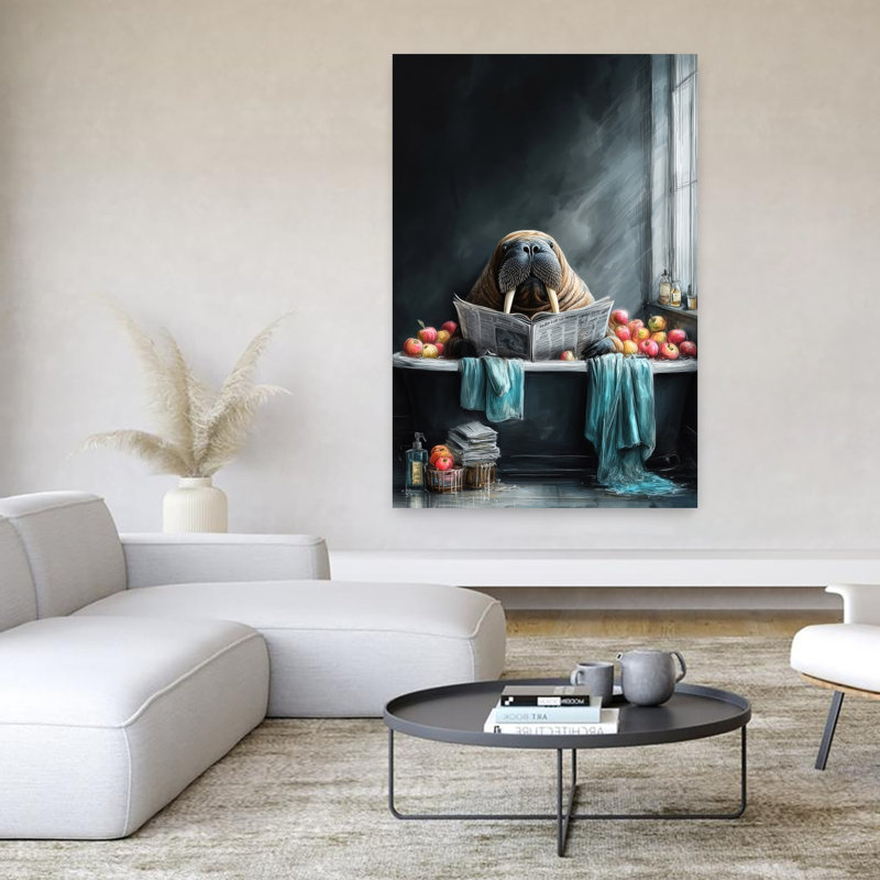 Morse dans une baignoire, art mural contemporain 2 animaux, H 60 po x l 40 po