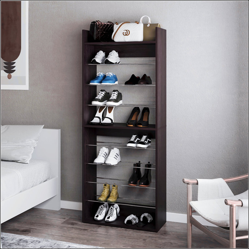 Wengue Tall Open Shoe Rack With Metal Rails And Multi-Tier Shelves