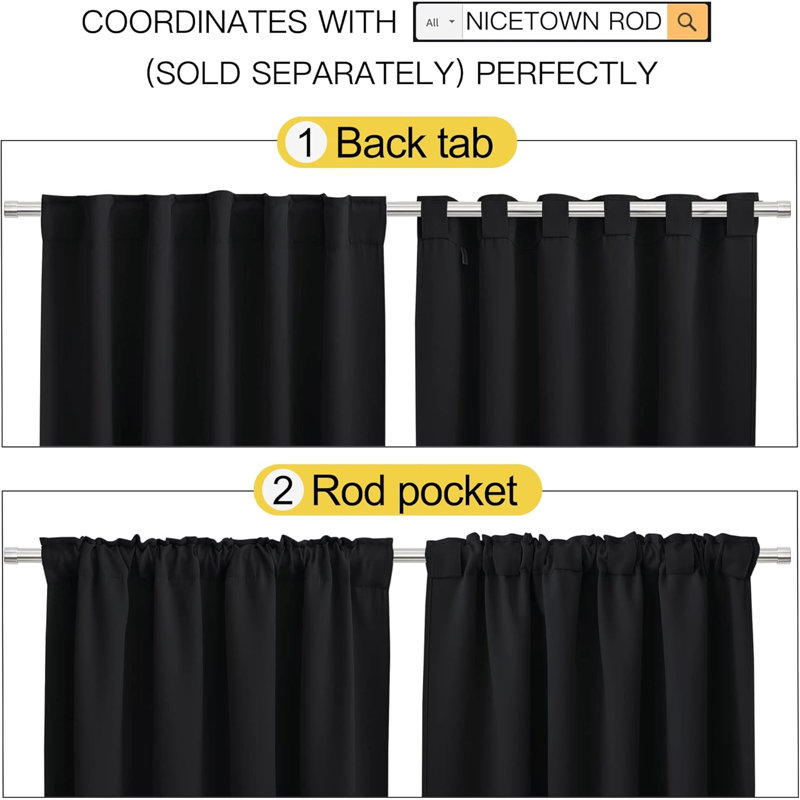 Blackout Curtain Light & Noise Reducing Room Darkening Drapes for Bedroom/Living Room/Kitchen, 2 Pieces, 52" W x 54" L, Black