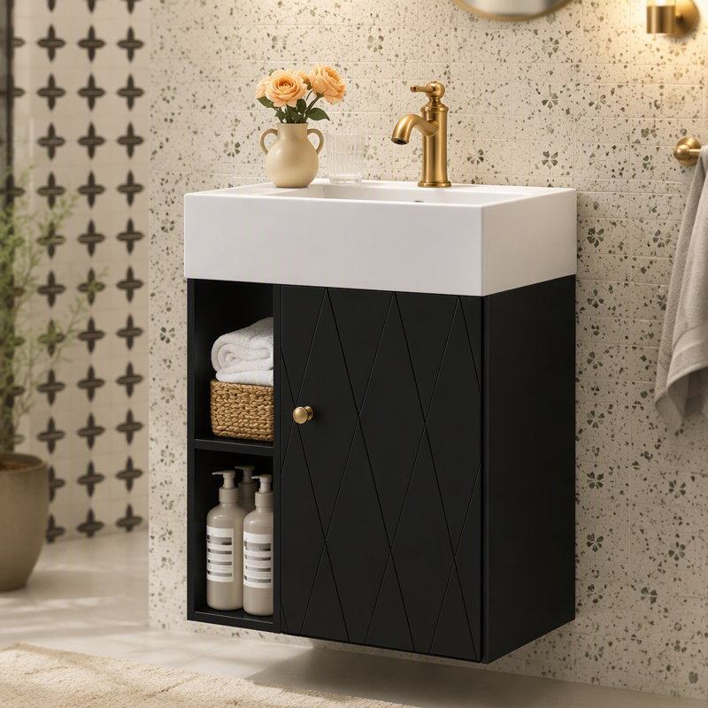 Meuble-lavabo de 20 po avec lavabo en céramique, porte à motif de losanges, poignée dorée et tablettes de rangement latérales - petit meuble moderne avec barre à serviettes, fabrication en panneau de fibres à densité moyenne, assemblage requis