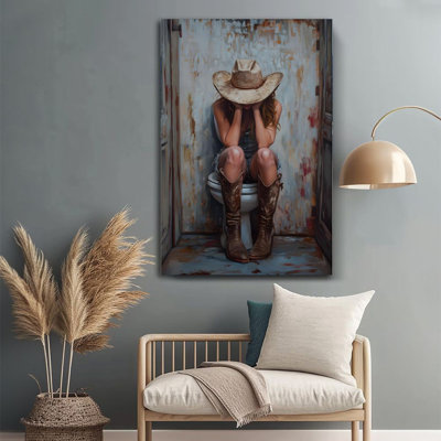 Cowgirl in Toilet Scene Realistic Oil Style - 24" x 36" Wrapped Canvas